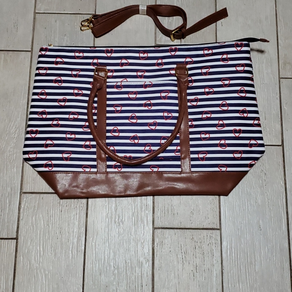 Navy and White Striped Tote with Red Hearts